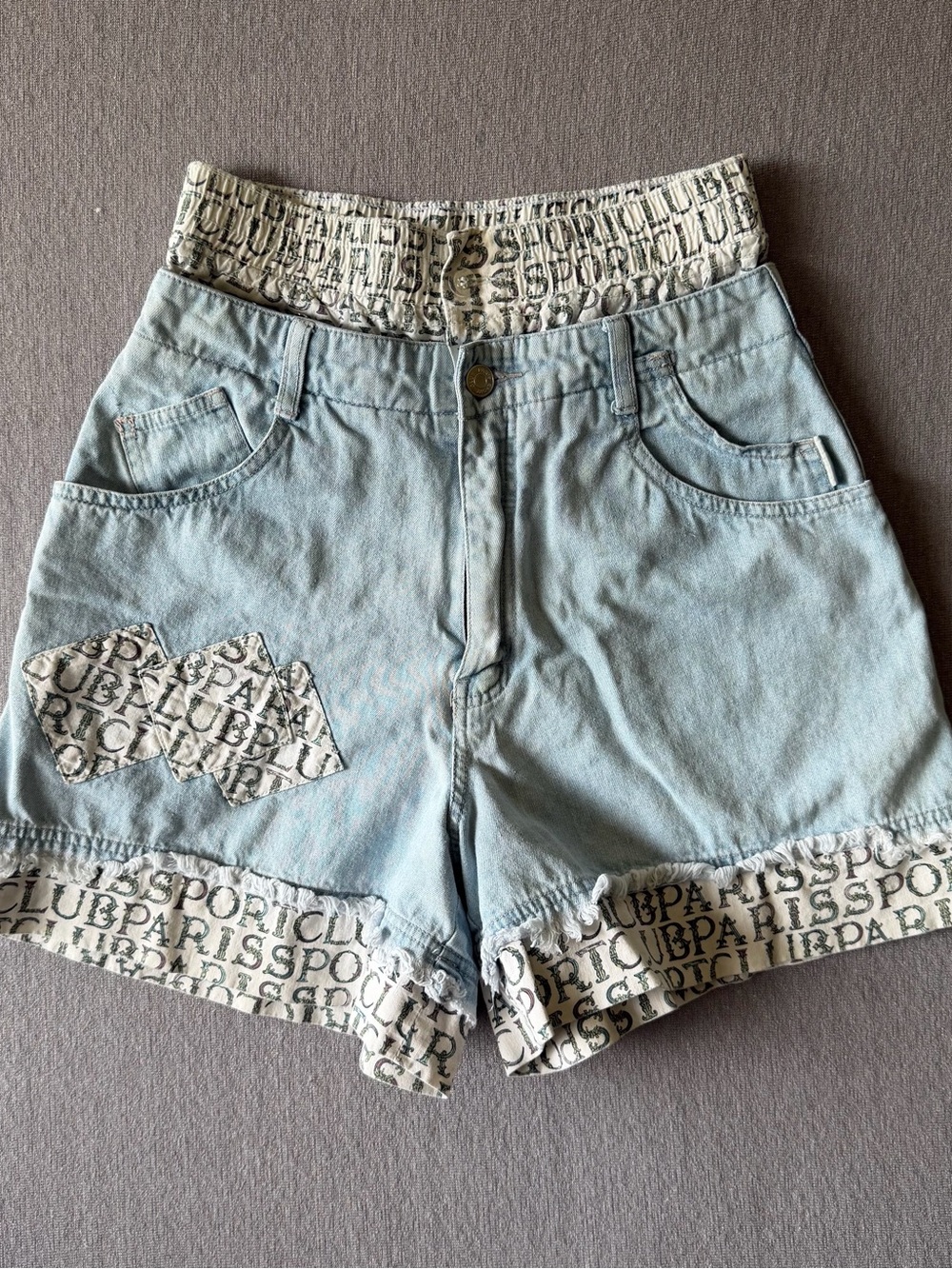 Vintage Light Wash Denim Shorts with Logo Trim